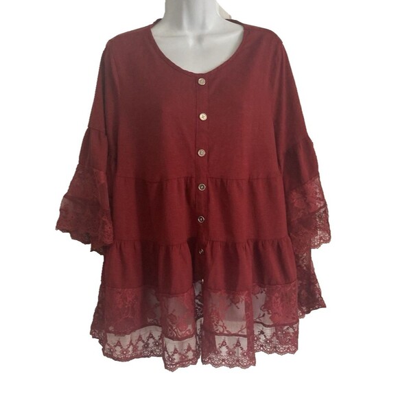 Emery Rose Women's Top 1X Burgundy Tiered Babydoll Lace Peasant Cottagecore NWOT - Picture 2 of 12